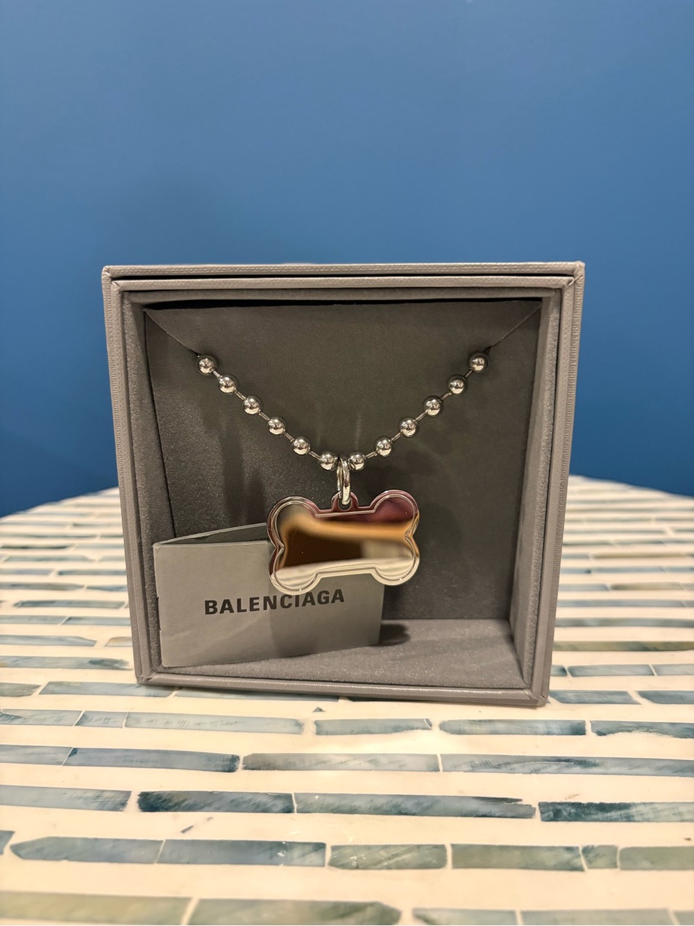 Balenciaga Mirrored Silver Bone Charm Necklace
